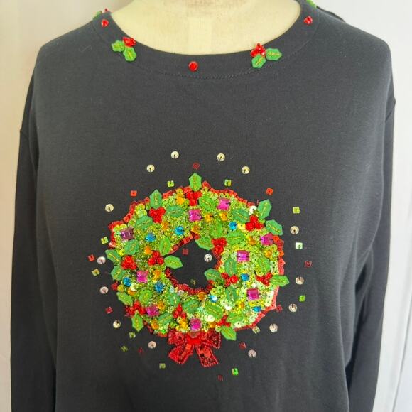 Quacker Factory Vintage Sequin Wreath Christmas Top Black XL Holiday - Picture 4 of 8